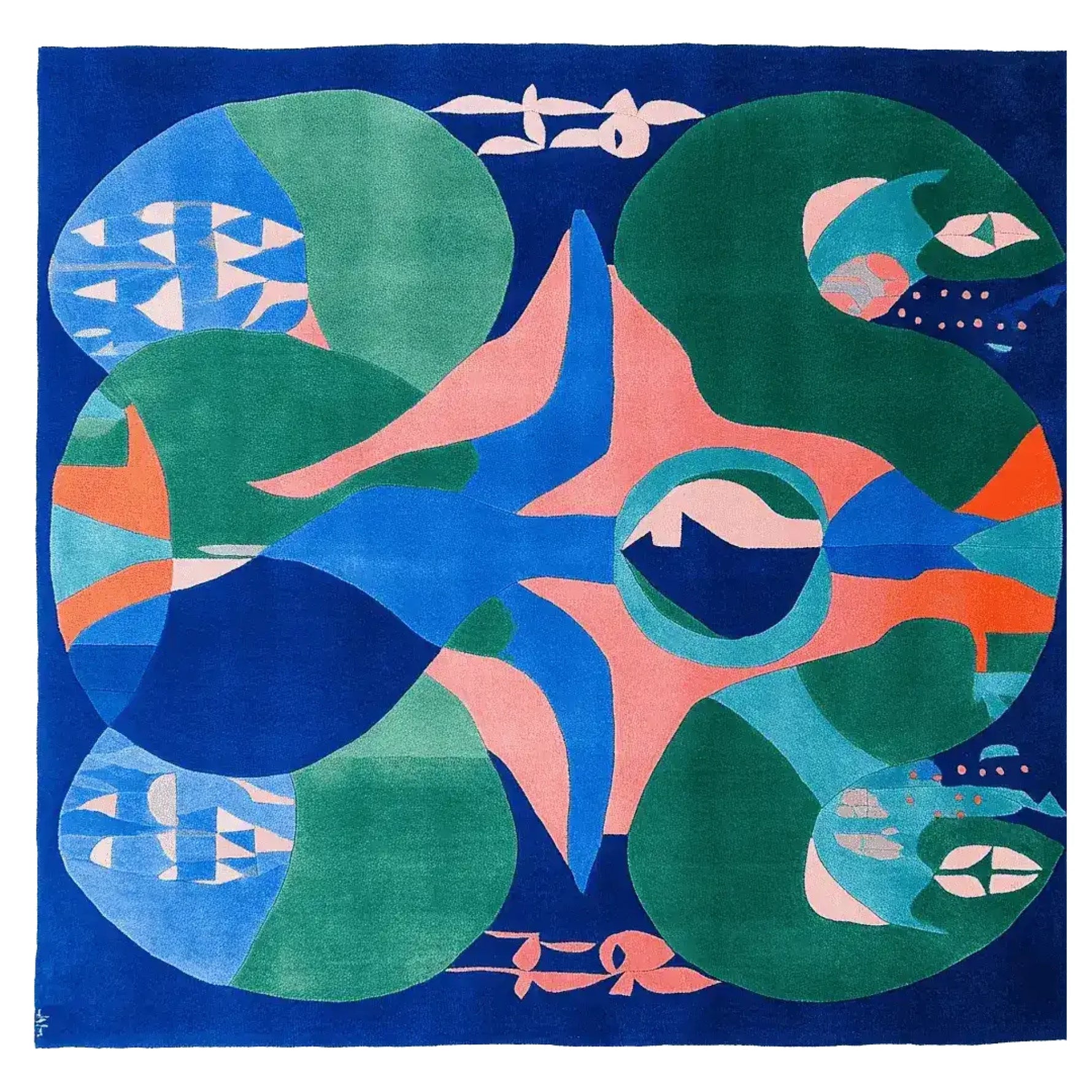 Vibrant and contemporary square area rug featuring an eclectic abstract design with bold colors like blue, green, and orange, perfect for adding a modern touch to your living room. Hand-tufted from wool, this area rug combines artistic flair with cozy warmth, ideal for any stylish home decor.