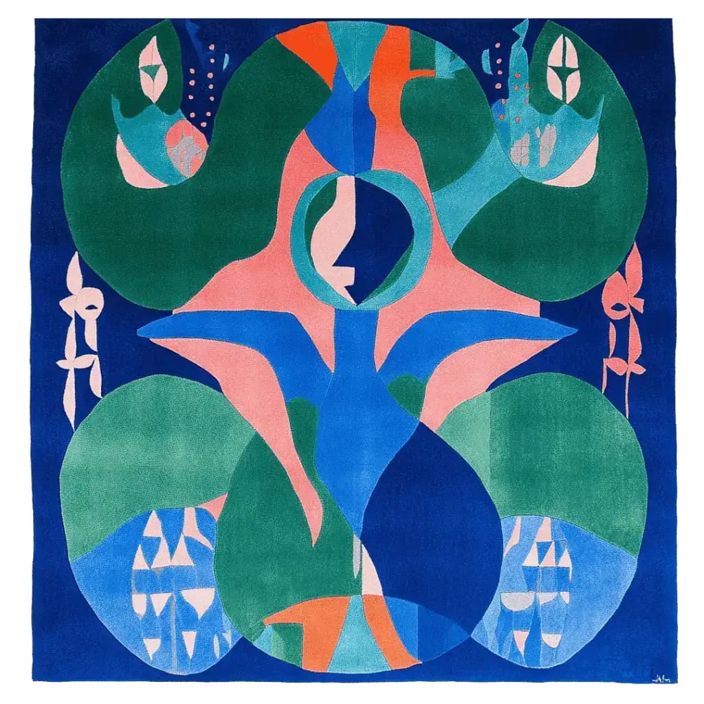 Eclectic Dream Hand Tufted Area Rug featuring a vibrant abstract design in blue, green, and peach tones. This contemporary square rug is perfect for adding a splash of color to any living room. Made from high-quality wool, this square area rug combines modern style with comfort.