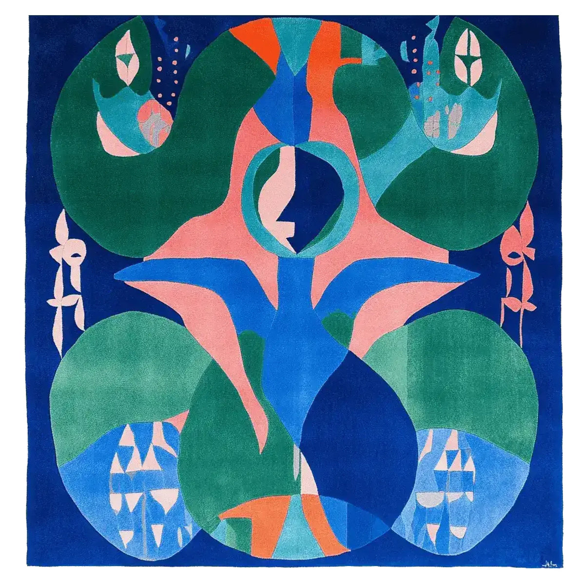 Eclectic Dream Hand Tufted Area Rug featuring a vibrant abstract design in blue, green, and peach tones. This contemporary square rug is perfect for adding a splash of color to any living room. Made from high-quality wool, this square area rug combines modern style with comfort.