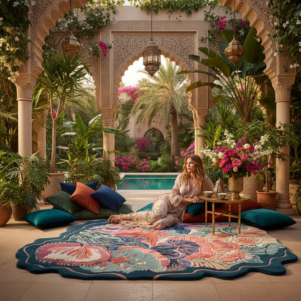 Woman sitting on a colorful rug in a lush, tropical garden with a pool.