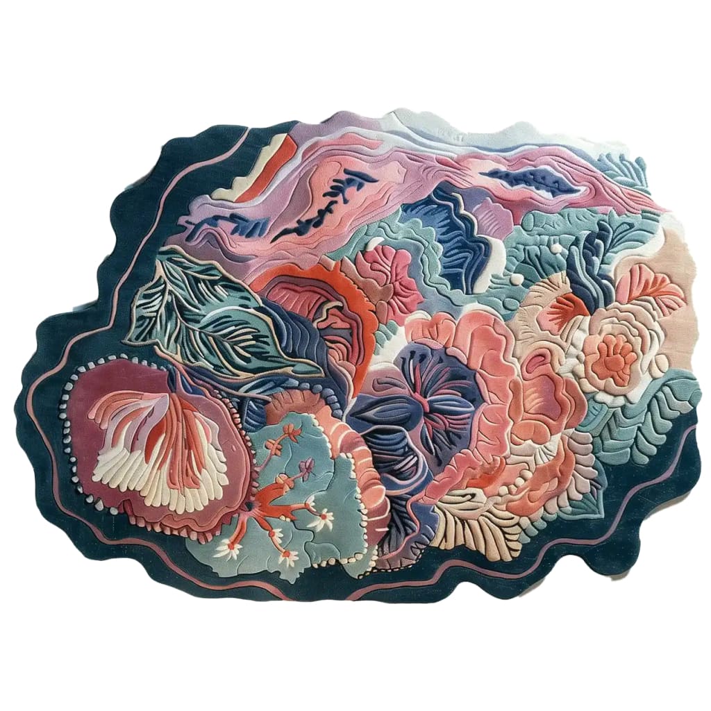 Eclectic Garden Hand Tufted Wool Rug featuring a vibrant abstract floral design in shades of pink, blue, green, and orange. The area rug showcases intricate patterns and textures, creating a lively and artistic appearance.