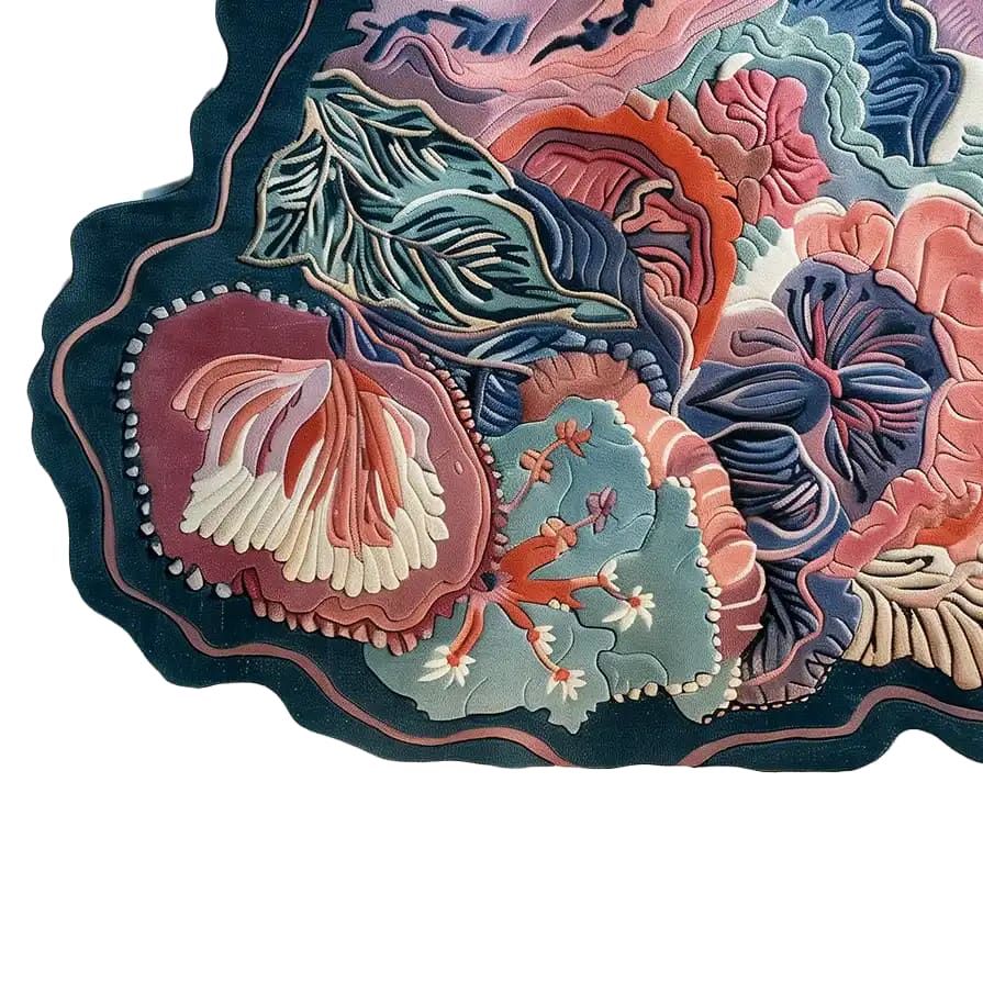 Eclectic Garden Hand Tufted Wool Rug featuring an abstract floral design with vibrant colors. This area rug showcases intricate patterns and textures in hues of pink, blue, and green, adding a unique artistic touch to any space.