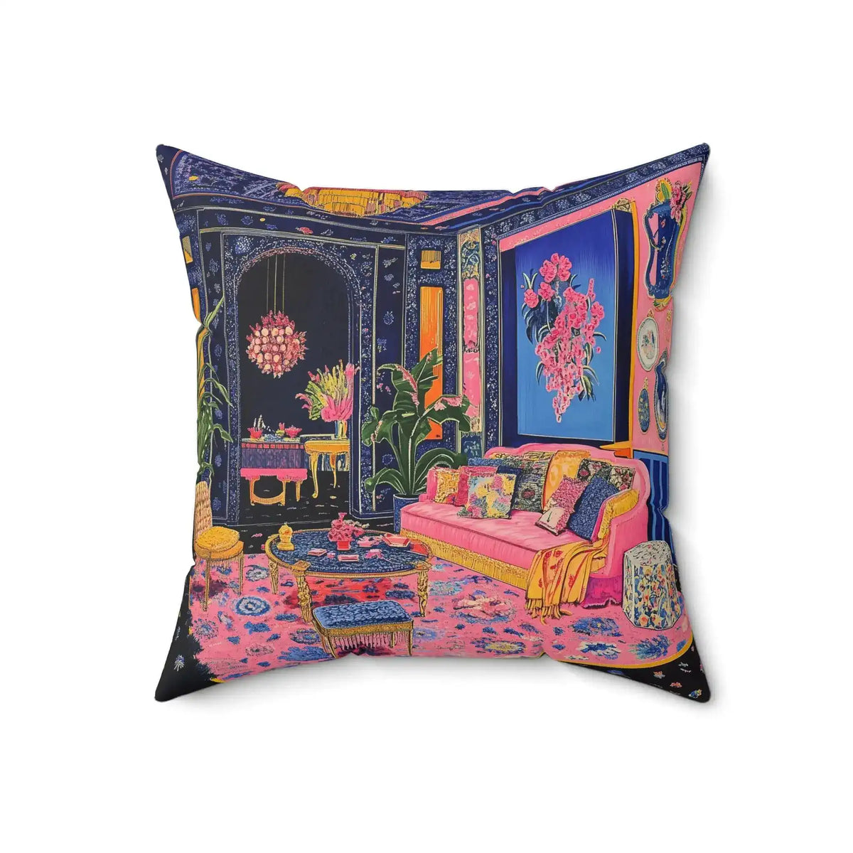 Neon baroque room scene with pink tufted sofa, arched doorway, chandelier and blue framed floral art on the Eclectic Maximalist Decorative Pillow