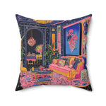 Neon maximalist room with pink sofa, tropical plants, chandelier and ornate floral artwork on the Eclectic Maximalist Decorative Pillow side view