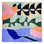 Top view of the Eclectic Symphony Hand Tufted Rug showcasing its vibrant abstract design in a square shape. This contemporary wool area rug features bold patterns in black, pink, orange, green, and blue, making it an ideal large living room rug. Perfect as a square area rug, it adds a modern touch to any living room decor.