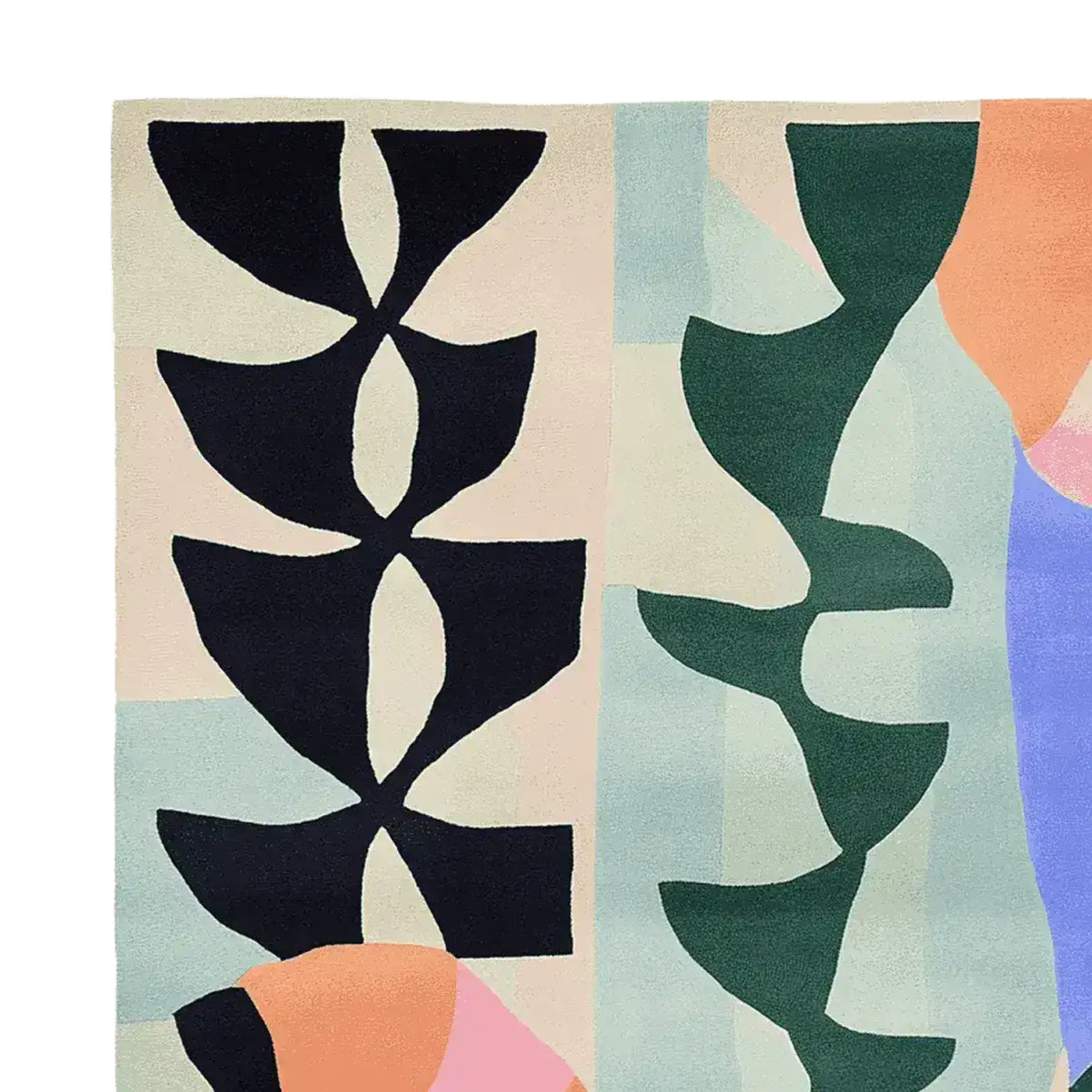 Eclectic Symphony Hand Tufted Area Rug showcasing an abstract design with bold black, green, and pastel shapes, perfect as a square rug for contemporary living rooms. This wool rug adds a modern touch to any space, ideal for large living room rugs.