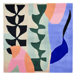 This vibrant area rug showcases a contemporary abstract design with bold colors and shapes, perfect for adding a touch of modern art to any living space. The square rug is crafted from high-quality wool, making it a durable and stylish choice for large living room areas.