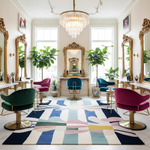 Salon interior with colorful chairs, mirrors, and a patterned rug.