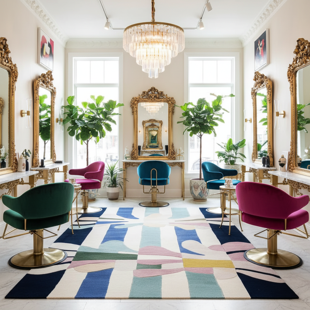 Salon interior with colorful chairs, mirrors, and a patterned rug.