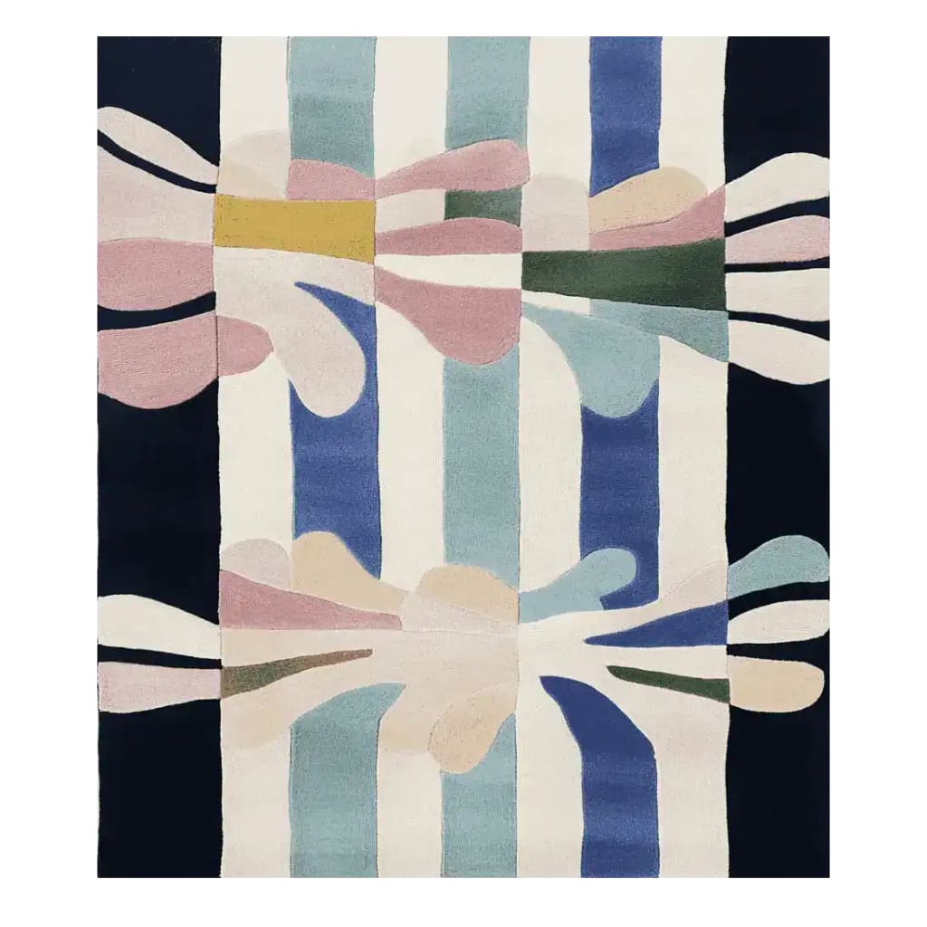Top view of the Ecstatic Signal Collapse Hand Tufted Rug, featuring an abstract design with pastel colors and bold stripes, ideal for a contemporary living room. This wool area rug measures 8x10 and adds a modern touch, perfect for those seeking stylish rugs for living room spaces.