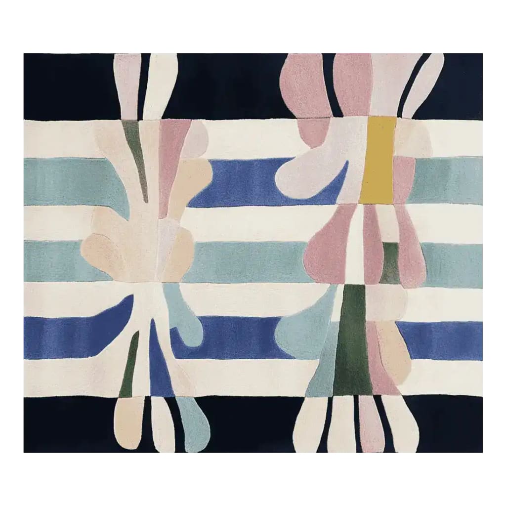 Ecstatic Signal Collapse Hand Tufted Area Rug featuring an abstract design with bold, colorful shapes and stripes. Perfect for adding a contemporary touch to your living room, this 8x10 wool rug combines artistry with comfort, making it an ideal choice for those seeking stylish rugs for living room spaces.