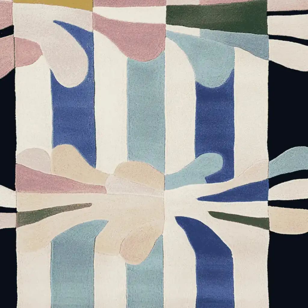Top view of a contemporary hand-tufted area rug featuring an abstract design with flowing shapes in blue, pink, and green tones, perfect for adding a modern touch to living room decor. Ideal as a wool rug choice for living room rugs 8x10.