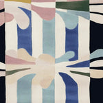 Top view of a contemporary hand-tufted area rug featuring an abstract design with flowing shapes in blue, pink, and green tones, perfect for adding a modern touch to living room decor. Ideal as a wool rug choice for living room rugs 8x10.