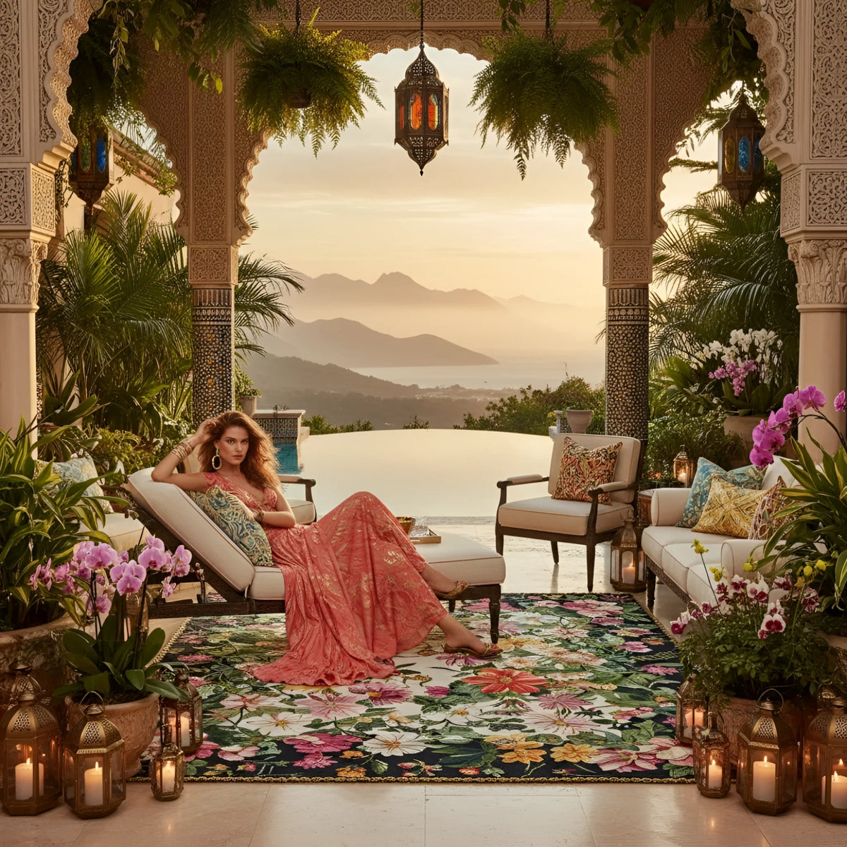 Woman in a pink dress sitting on a floral rug in an outdoor setting with mountains and pool in the background.