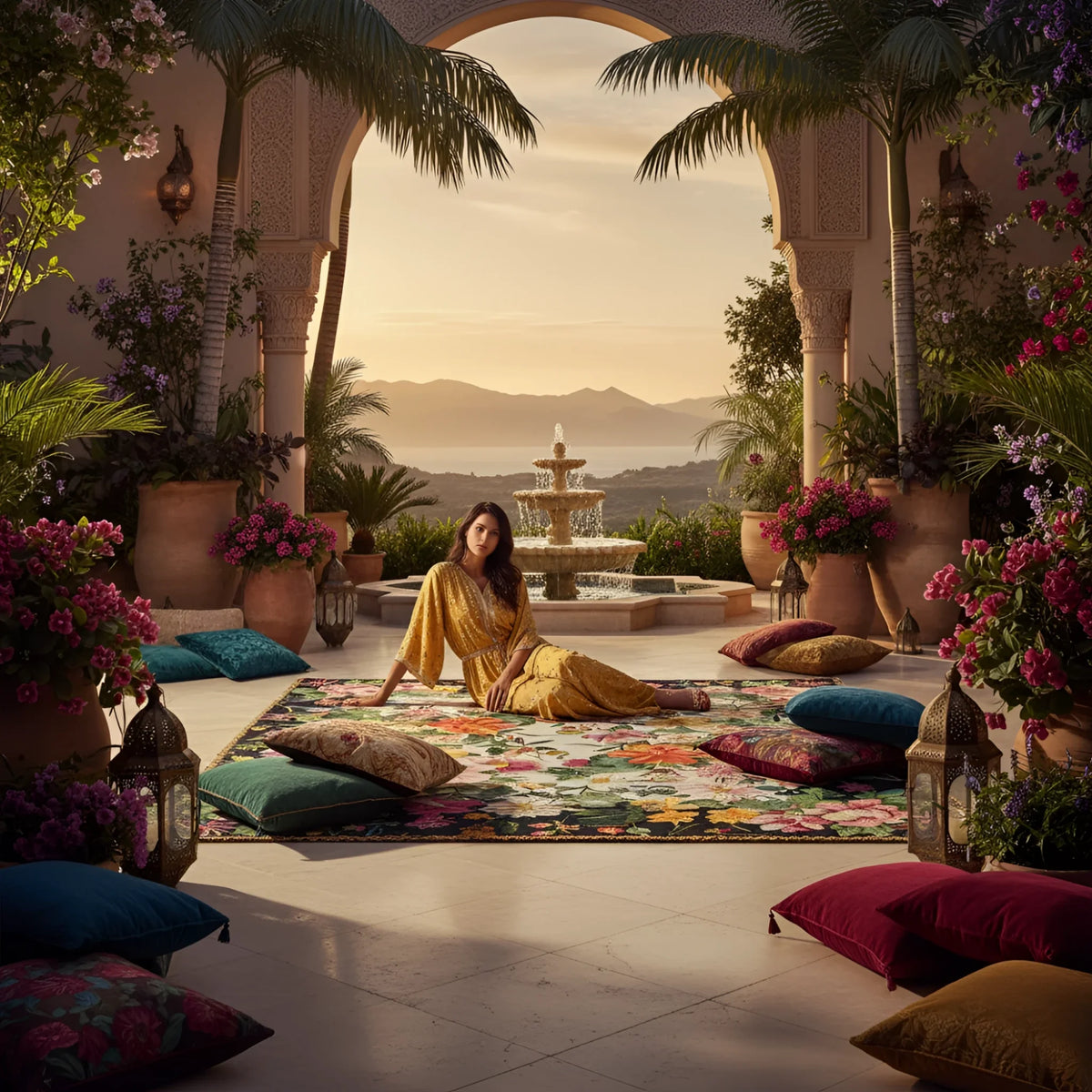 Woman in a yellow dress sitting on a colorful rug in a luxurious outdoor setting with a fountain and scenic view.