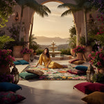 Woman in a yellow dress sitting on a colorful rug in a luxurious outdoor setting with a fountain and scenic view.