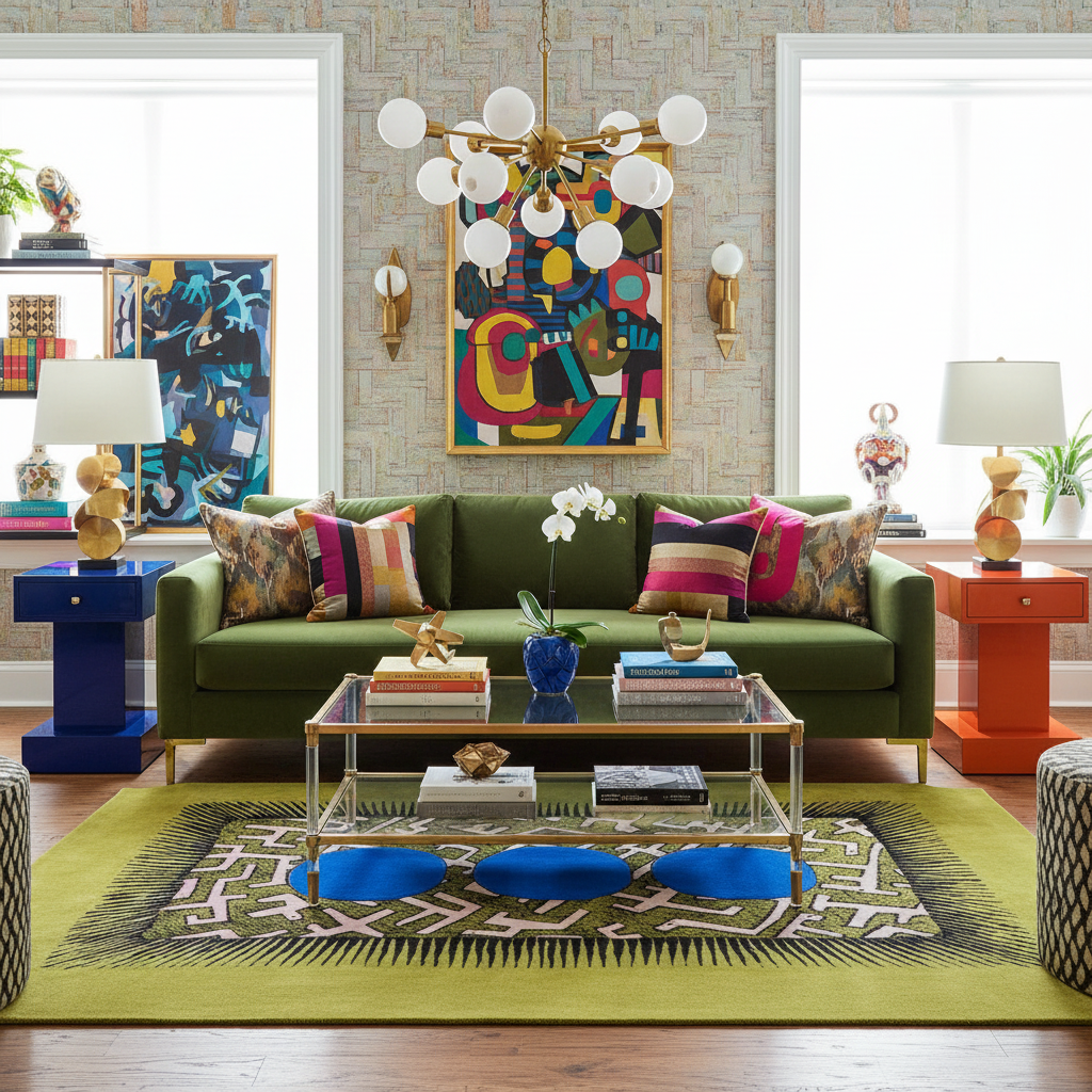Living room with a green sofa, a yellow and blue contemporary wool rug, colorful artwork, and decorative items.