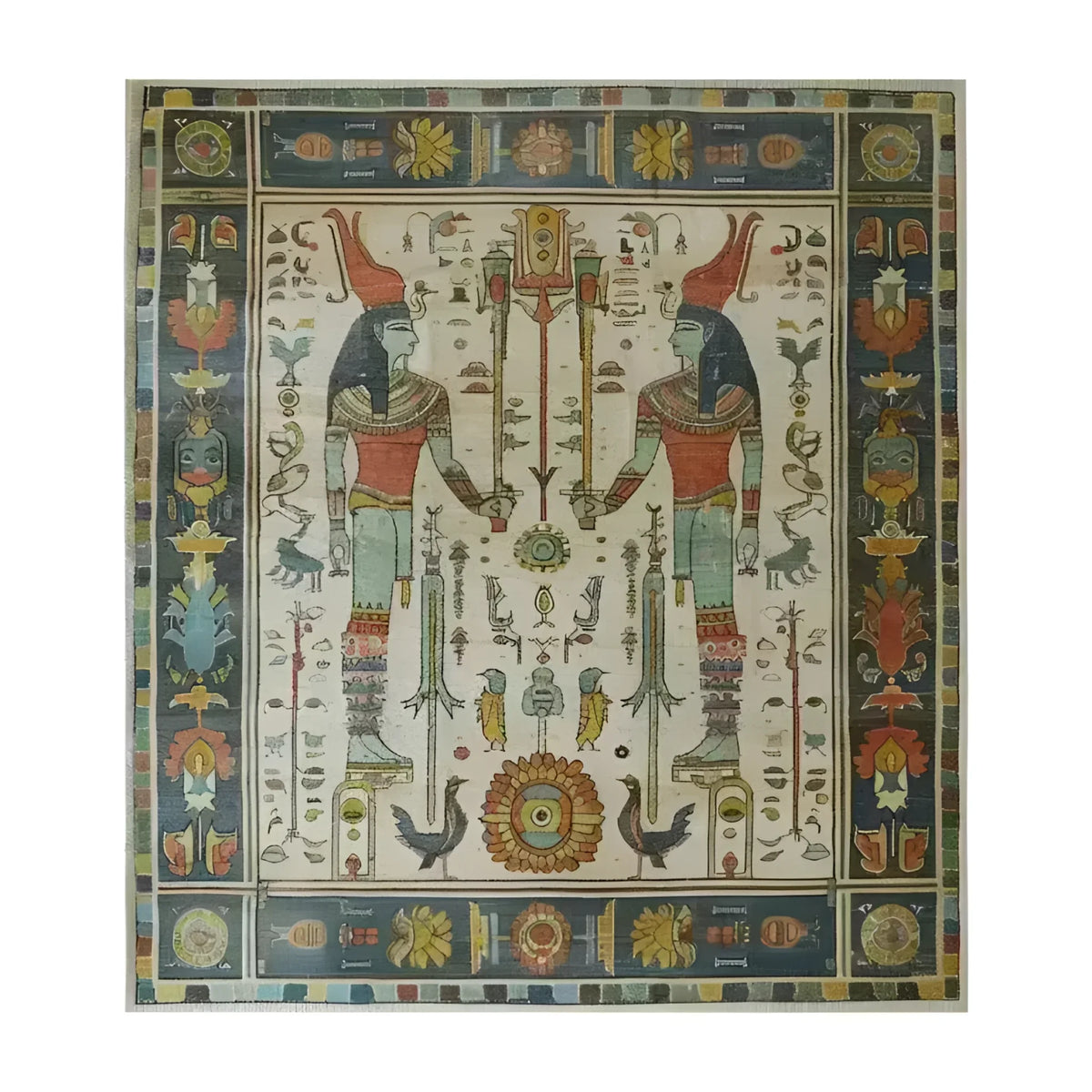 The Egyptian Elegance Hand Knotted Area Rug features a vibrant, intricate design inspired by ancient Egyptian art. With vivid colors and detailed patterns, this area rug showcases two symmetrical figures surrounded by hieroglyphics and floral motifs, adding a touch of historical charm and cultural elegance to any room.