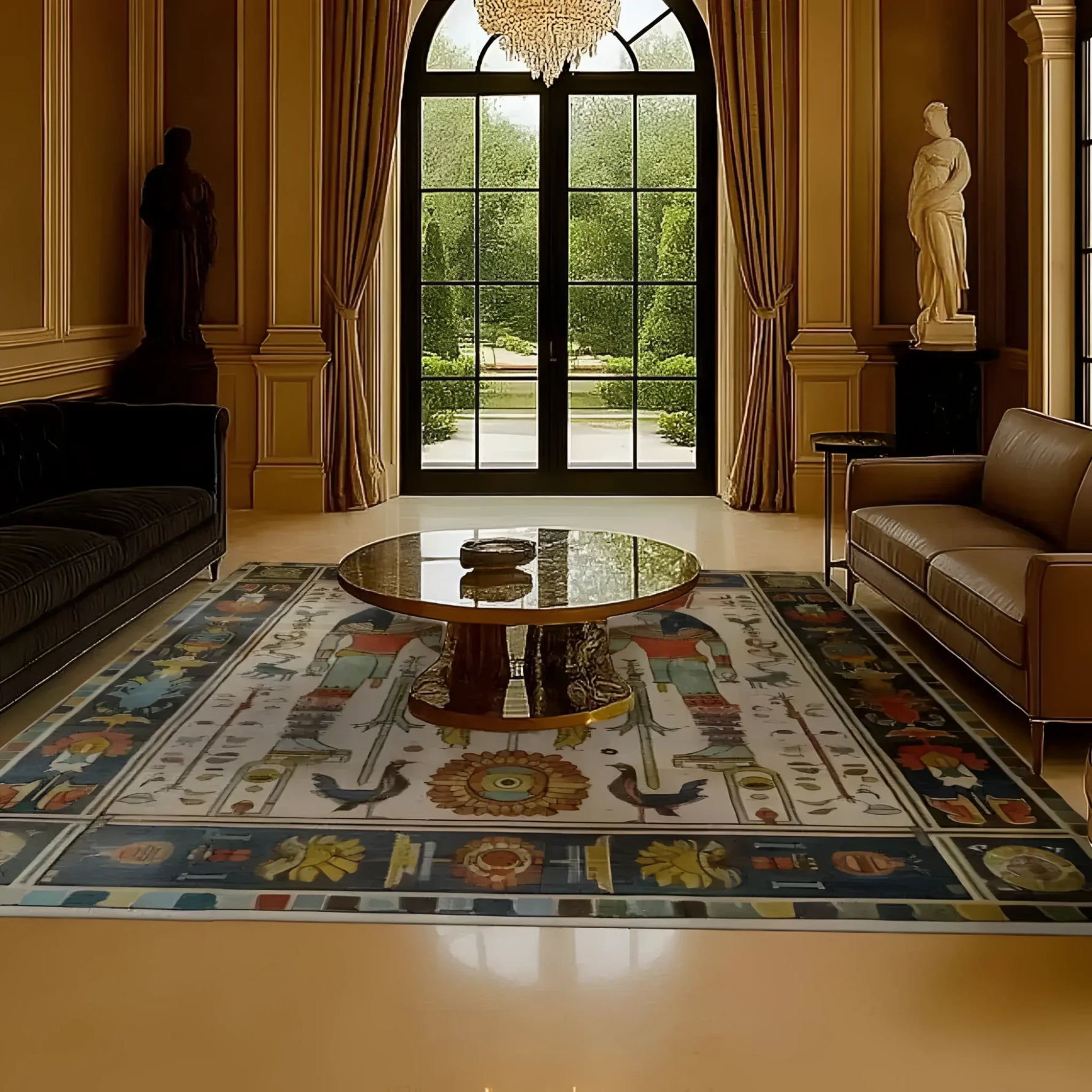 Luxurious living room featuring the Egyptian Elegance Hand Knotted Area Rug, a stunning vintage rug with intricate Persian-inspired designs. Perfect for adding a touch of elegance to large living rooms, this area rug showcases a rich tapestry of colors and patterns, complementing the classic decor and opulent furnishings.