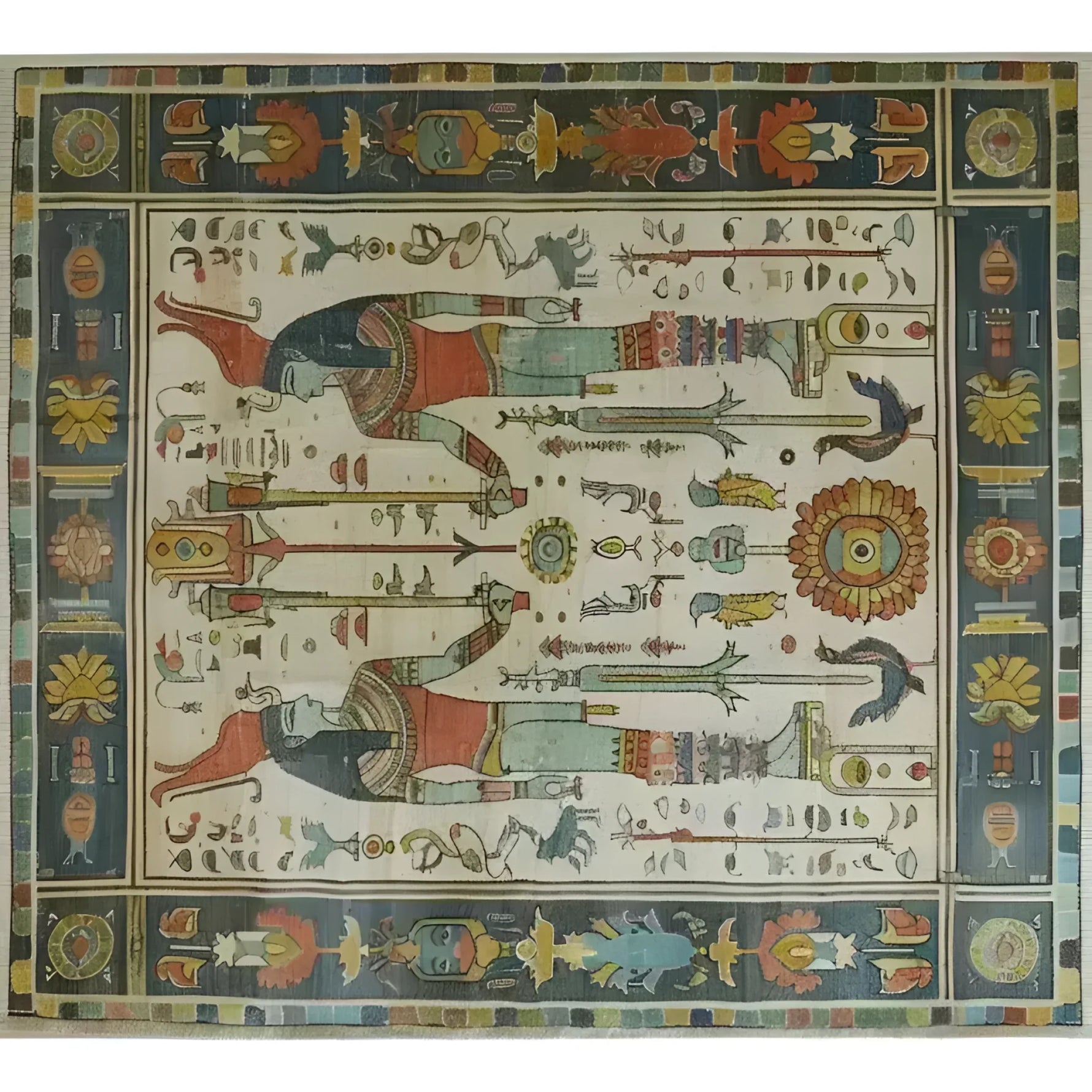 This beautifully intricate area rug showcases an Egyptian-inspired design with vibrant colors and detailed motifs, perfect for adding a touch of vintage elegance to any large living room. The hand-knotted craftsmanship is reminiscent of traditional Persian rugs, making it a timeless piece for your home decor.