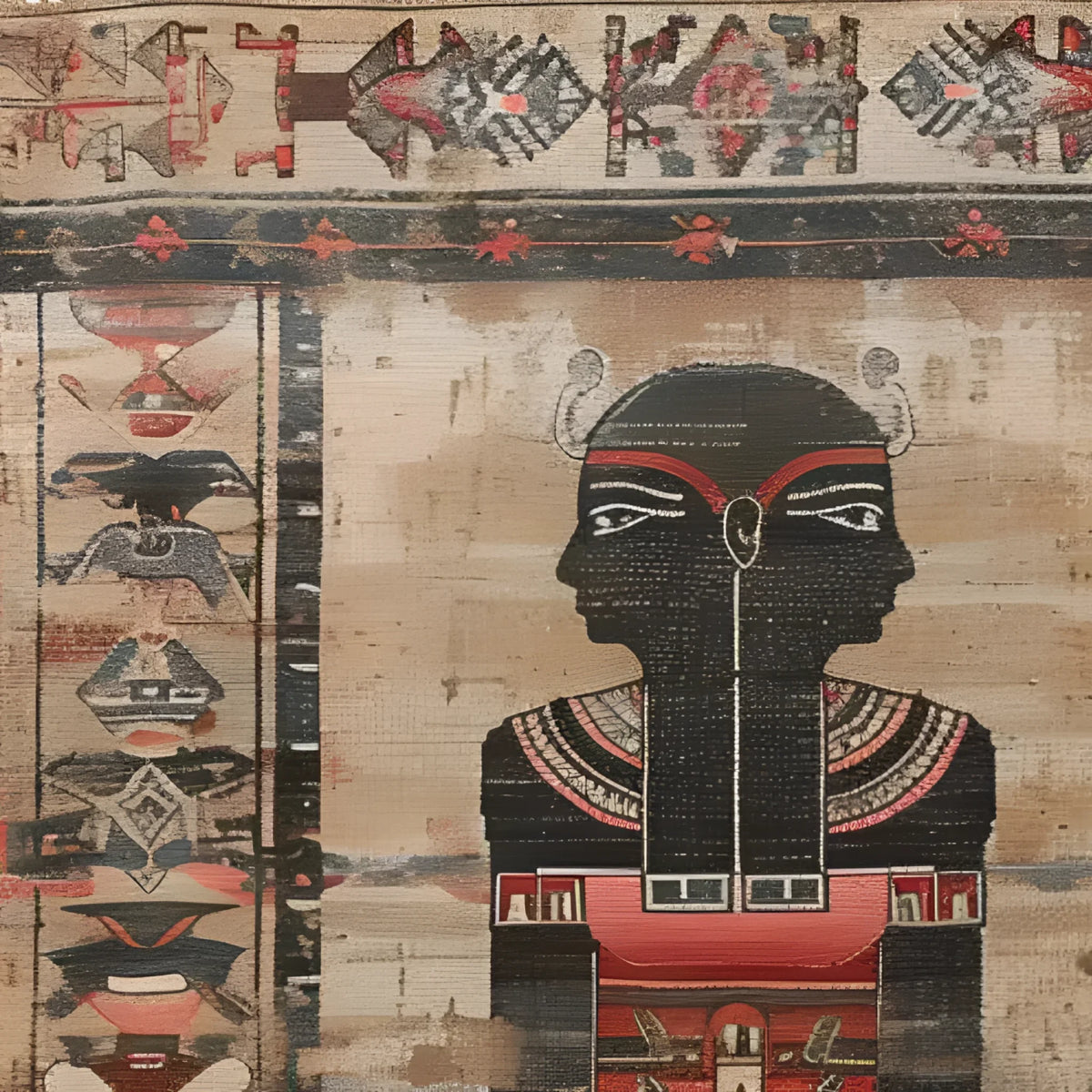 The Egyptian Enigma Wool Hand Knotted Area Rug showcases a vintage design inspired by ancient Egyptian art. Perfect for adding an exotic touch to your living room, this area rug features intricate patterns and bold colors, making it a standout piece among rugs for living room decor.
