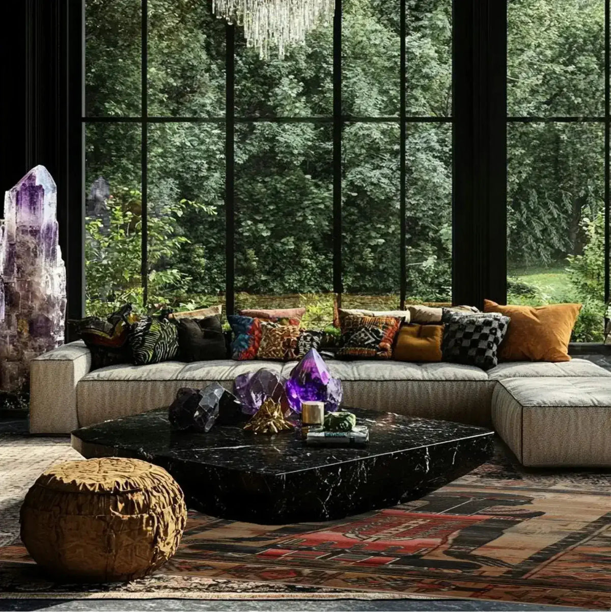 Elegant living room featuring the Egyptian Enigma Wool Hand Knotted Area Rug with vintage patterns. The rug complements the cozy seating arrangement and large windows, creating a perfect setting for this luxurious living space. Ideal for those seeking vintage rugs for living rooms.