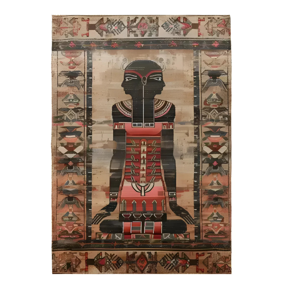 This image showcases the Egyptian Enigma Wool Hand Knotted Area Rug, featuring a striking design with an abstract figure seated in an intricate pattern. The rug's earthy tones blend harmoniously, emphasizing its detailed borders and cultural motifs, perfect for adding a touch of elegance and mystery to any room.
