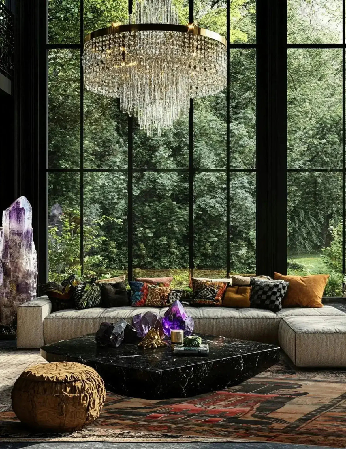 Luxurious living room featuring the Egyptian Enigma Wool Hand Knotted Area Rug. This vintage rug adds a touch of elegance to the space, with its intricate patterns complementing the modern decor. Perfect for those seeking stylish rugs for living room settings.