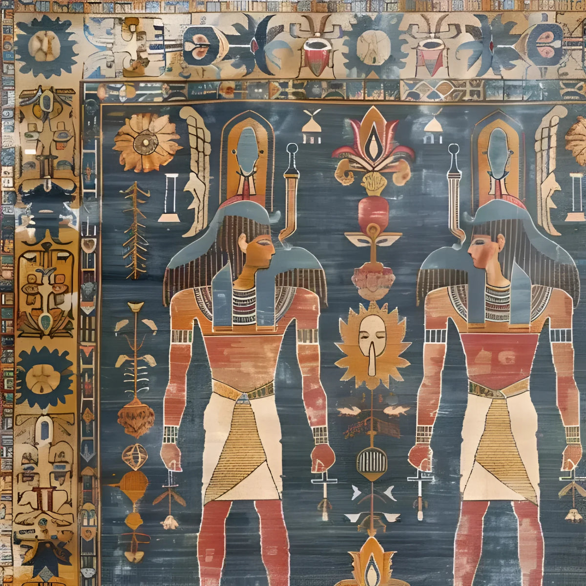 Beautiful hand-knotted Egyptian Heritage area rug featuring intricate Persian motifs and vibrant colors. Ideal for large living rooms, this wool rug showcases traditional Egyptian figures and floral designs, adding an elegant touch to any space.