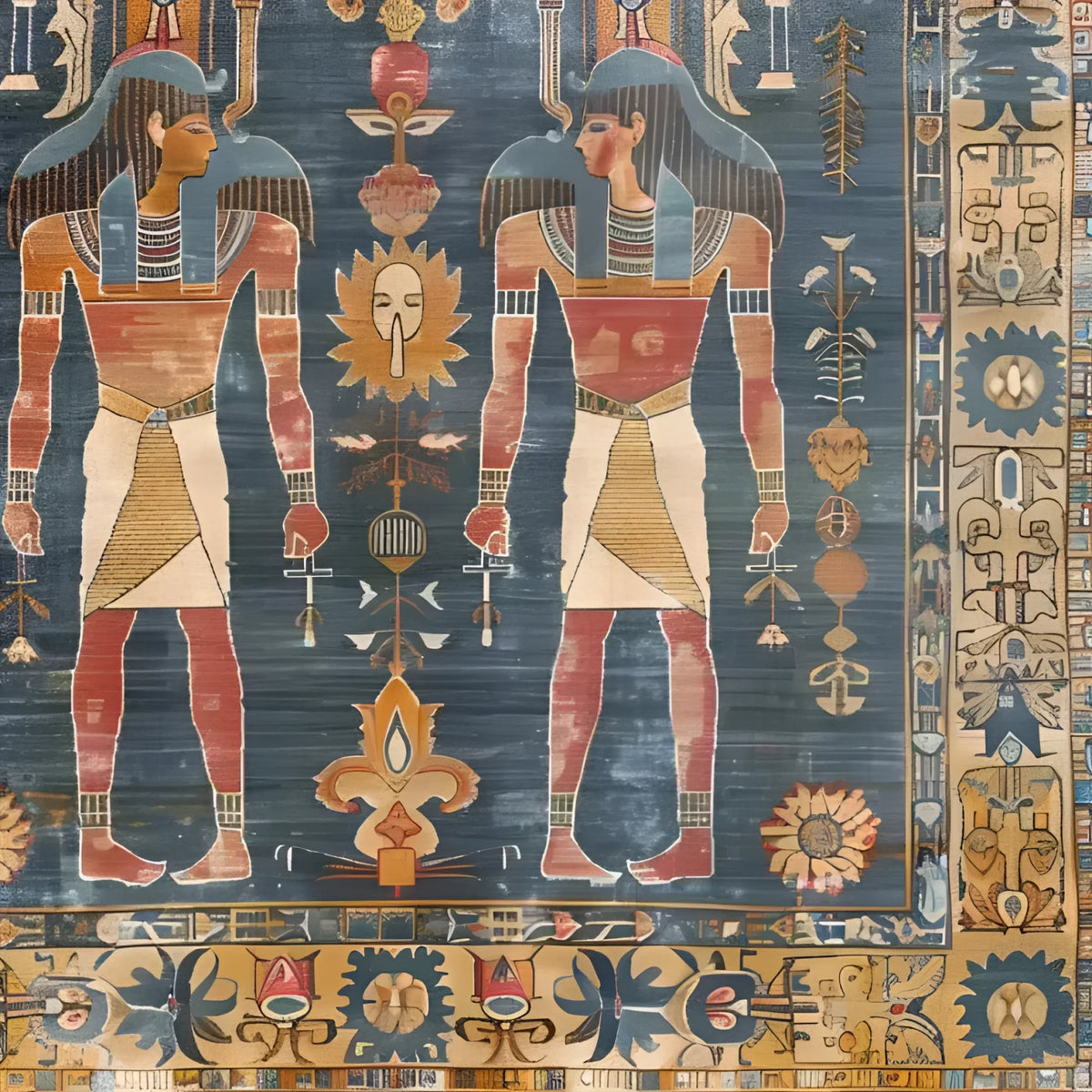 A beautifully designed Egyptian Heritage Hand Knotted Area Rug featuring intricate Egyptian motifs. This large area rug, perfect for a living room, showcases traditional Persian rug artistry with its detailed patterns and rich colors. Made from high-quality wool, this rug enhances the elegance of any large living room space.