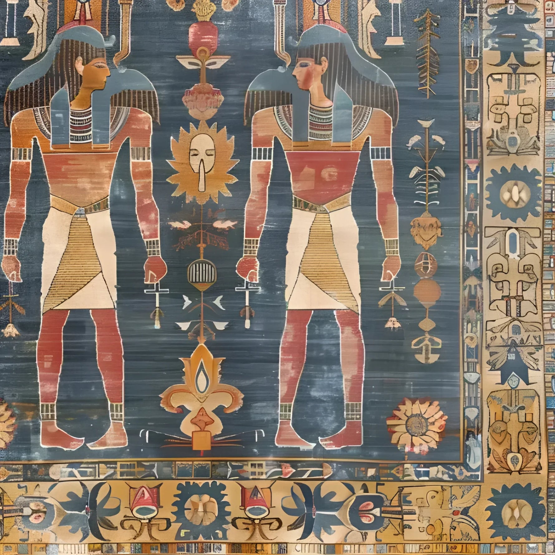 A beautifully designed Egyptian Heritage Hand Knotted Area Rug featuring intricate Egyptian motifs. This large area rug, perfect for a living room, showcases traditional Persian rug artistry with its detailed patterns and rich colors. Made from high-quality wool, this rug enhances the elegance of any large living room space.