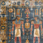 Beautiful hand-knotted Egyptian Heritage area rug featuring intricate Persian motifs and vibrant colors. Ideal for large living rooms, this wool rug showcases traditional Egyptian figures and floral designs, adding an elegant touch to any space.