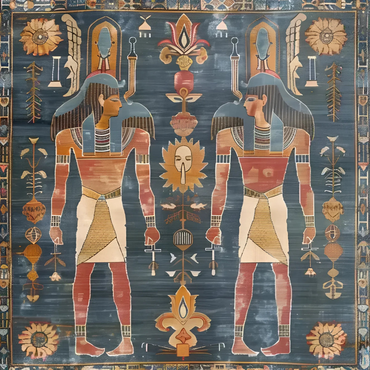 Beautiful Egyptian Heritage Hand Knotted Area Rug featuring detailed Egyptian motifs. This large area rug is perfect for a living room, blending classic Persian design with durable wool texture. Ideal for those seeking large living room rugs with a touch of history and style.