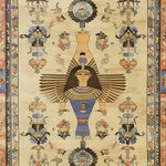 A detailed view of an Egyptian mythology hand-knotted area rug featuring intricate designs of ancient Egyptian symbols and figures. The central motif includes a stylized depiction of a winged figure dressed in traditional Egyptian attire, surrounded by decorative floral and geometric patterns.