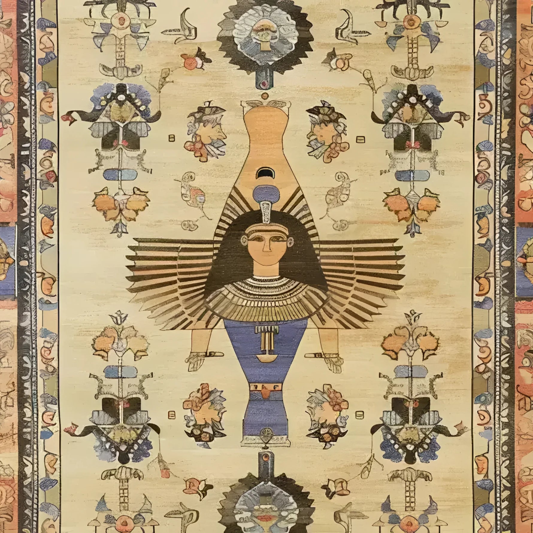A detailed view of an Egyptian mythology hand-knotted area rug featuring intricate designs of ancient Egyptian symbols and figures. The central motif includes a stylized depiction of a winged figure dressed in traditional Egyptian attire, surrounded by decorative floral and geometric patterns.