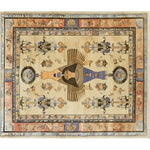 This hand-knotted area rug features a vibrant Egyptian mythology design with intricate patterns and rich colors. The central figure and surrounding symbols are beautifully detailed, making it a standout piece for any room.