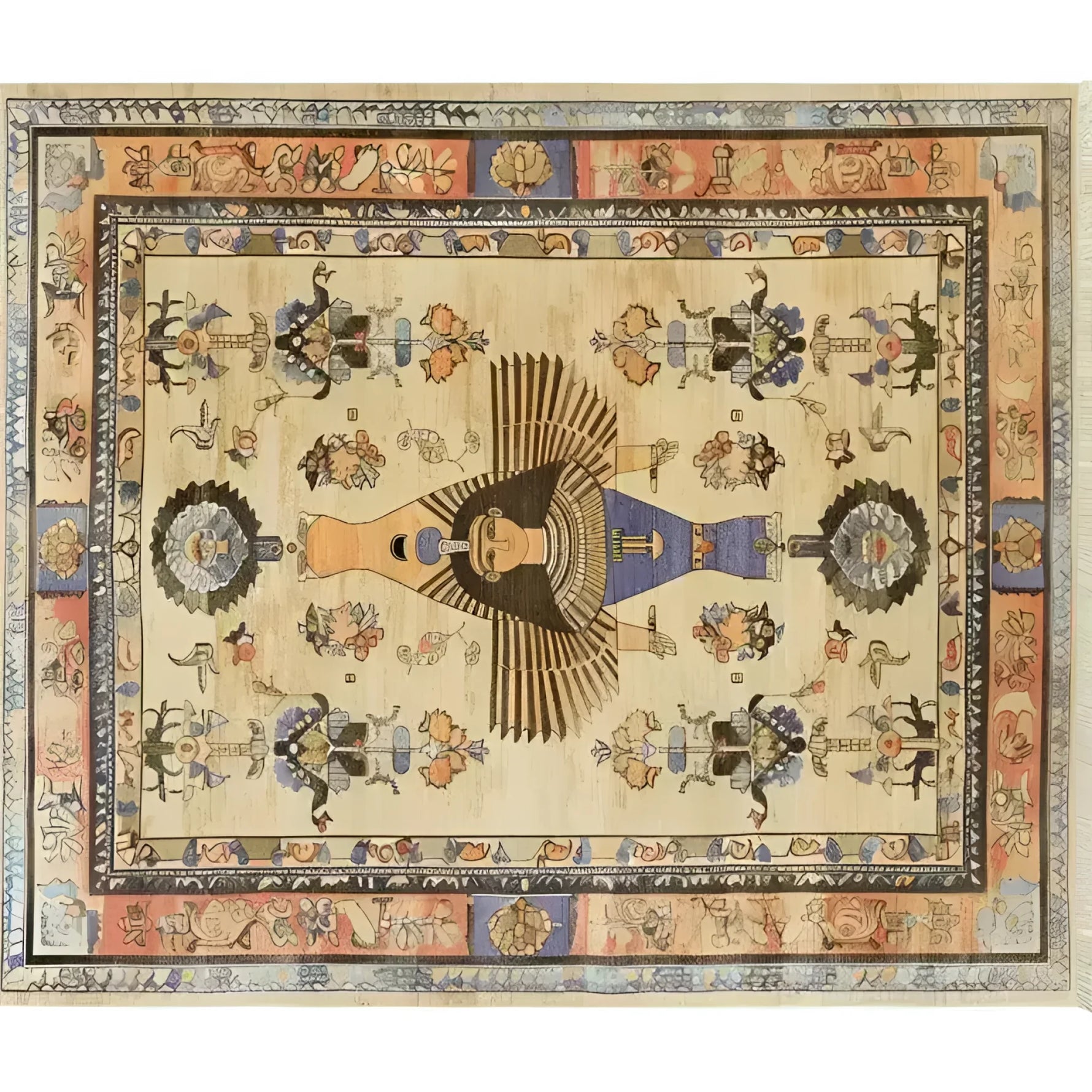 This hand-knotted area rug features a vibrant Egyptian mythology design with intricate patterns and rich colors. The central figure and surrounding symbols are beautifully detailed, making it a standout piece for any room.