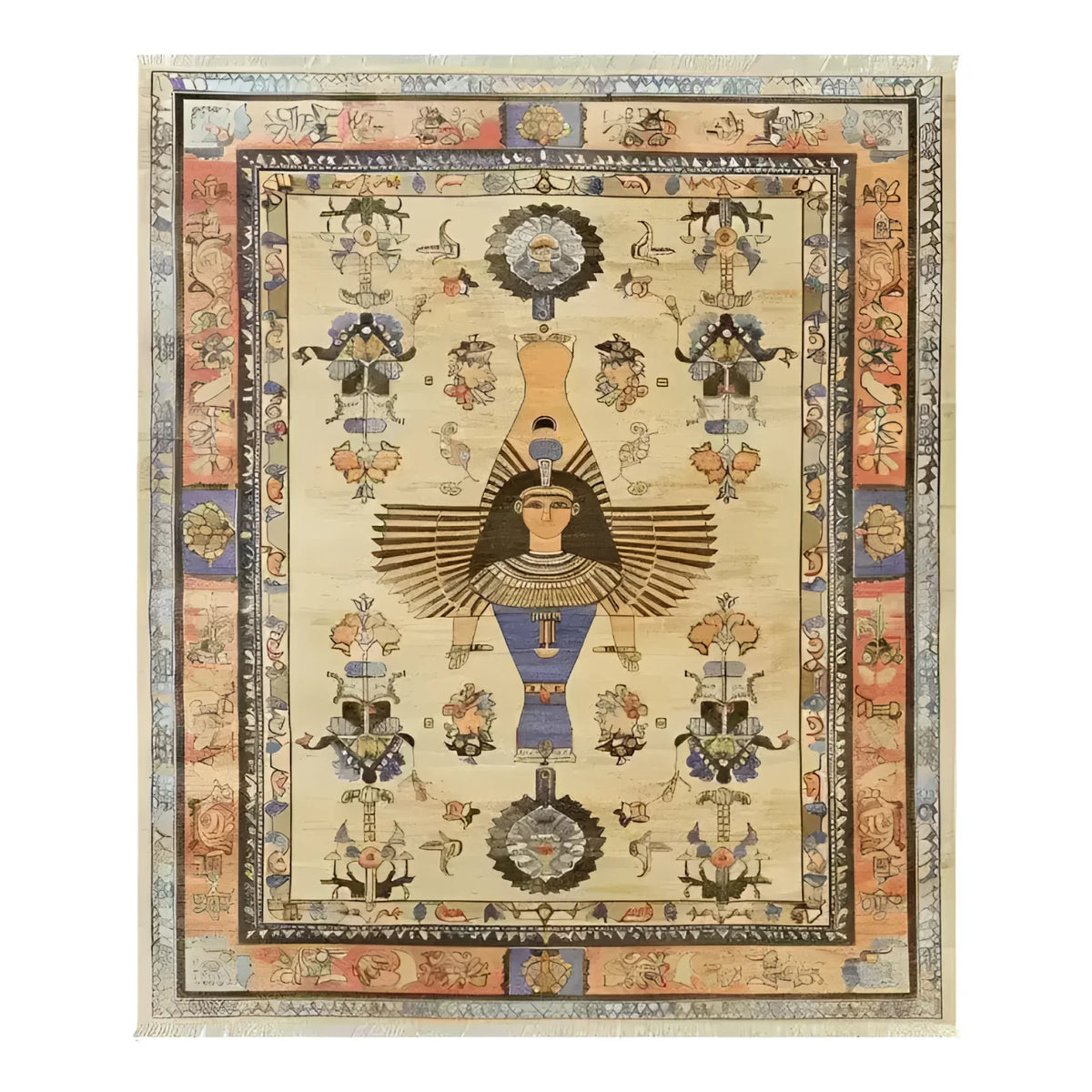 This hand-knotted area rug features intricate Egyptian mythology designs, showcasing a central figure with traditional motifs and vibrant colors, framed by a detailed border.