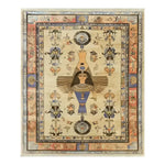 This hand-knotted area rug features intricate Egyptian mythology designs, showcasing a central figure with traditional motifs and vibrant colors, framed by a detailed border.