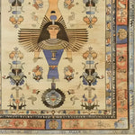 A beautifully detailed Egyptian Mythology Hand Knotted Area Rug featuring intricate designs and vibrant colors. The central figure is an Egyptian deity, surrounded by traditional motifs and floral patterns, creating a rich and artistic tapestry.