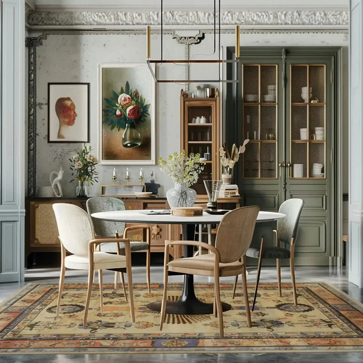 Elegant dining room featuring an Egyptian Mythology Hand Knotted Area Rug. The rug, with its intricate designs and warm colors, complements the sophisticated decor with a round dining table and stylish chairs. Classic wall art and cabinetry add to the room's inviting atmosphere.