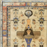 This area rug features an intricate Egyptian mythology design with vibrant colors and detailed patterns, showcasing a central figure adorned with traditional Egyptian attire. The border is rich with symbolic motifs, adding an artistic touch to any space.