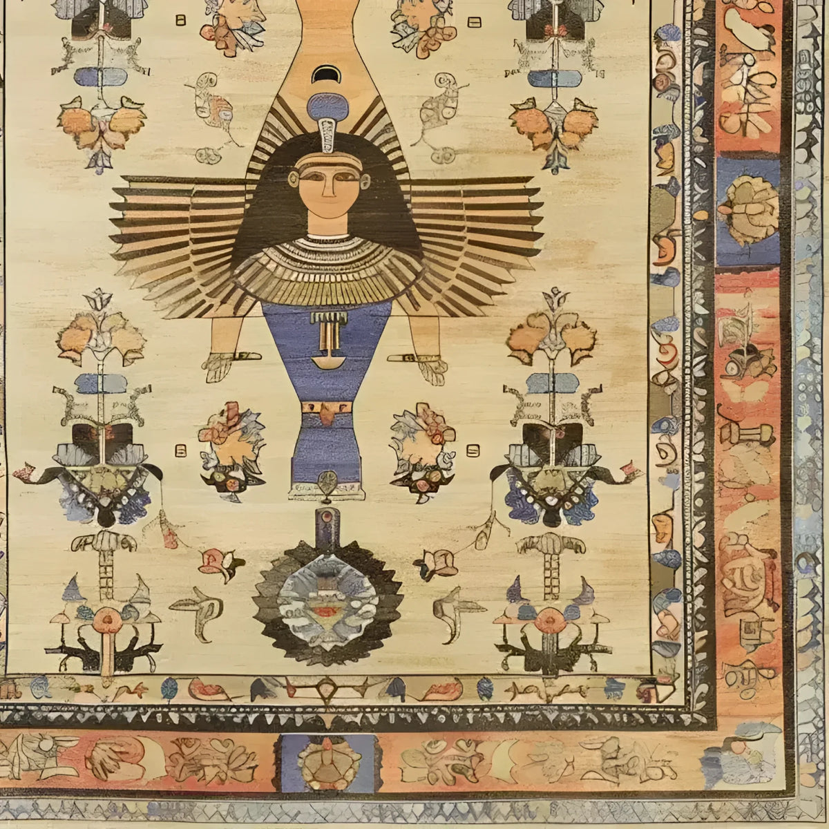 A beautifully detailed Egyptian Mythology Hand Knotted Area Rug featuring intricate designs and vibrant colors. The central figure is an Egyptian deity, surrounded by traditional motifs and floral patterns, creating a rich and artistic tapestry.