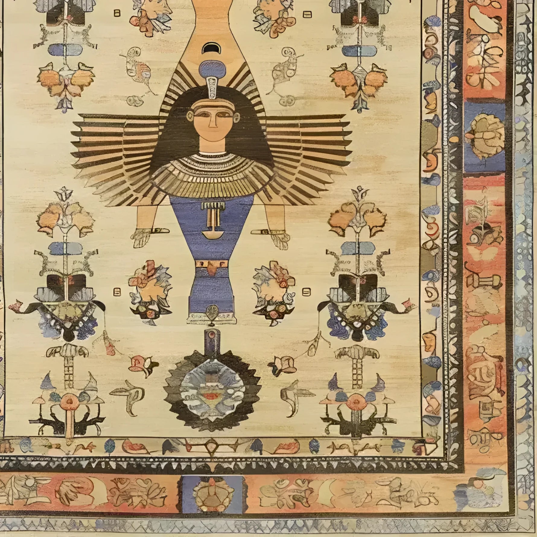 A beautifully detailed Egyptian Mythology Hand Knotted Area Rug featuring intricate designs and vibrant colors. The central figure is an Egyptian deity, surrounded by traditional motifs and floral patterns, creating a rich and artistic tapestry.