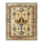 This hand-knotted area rug features intricate Egyptian mythology designs, showcasing a central figure with traditional motifs and vibrant colors, framed by a detailed border.