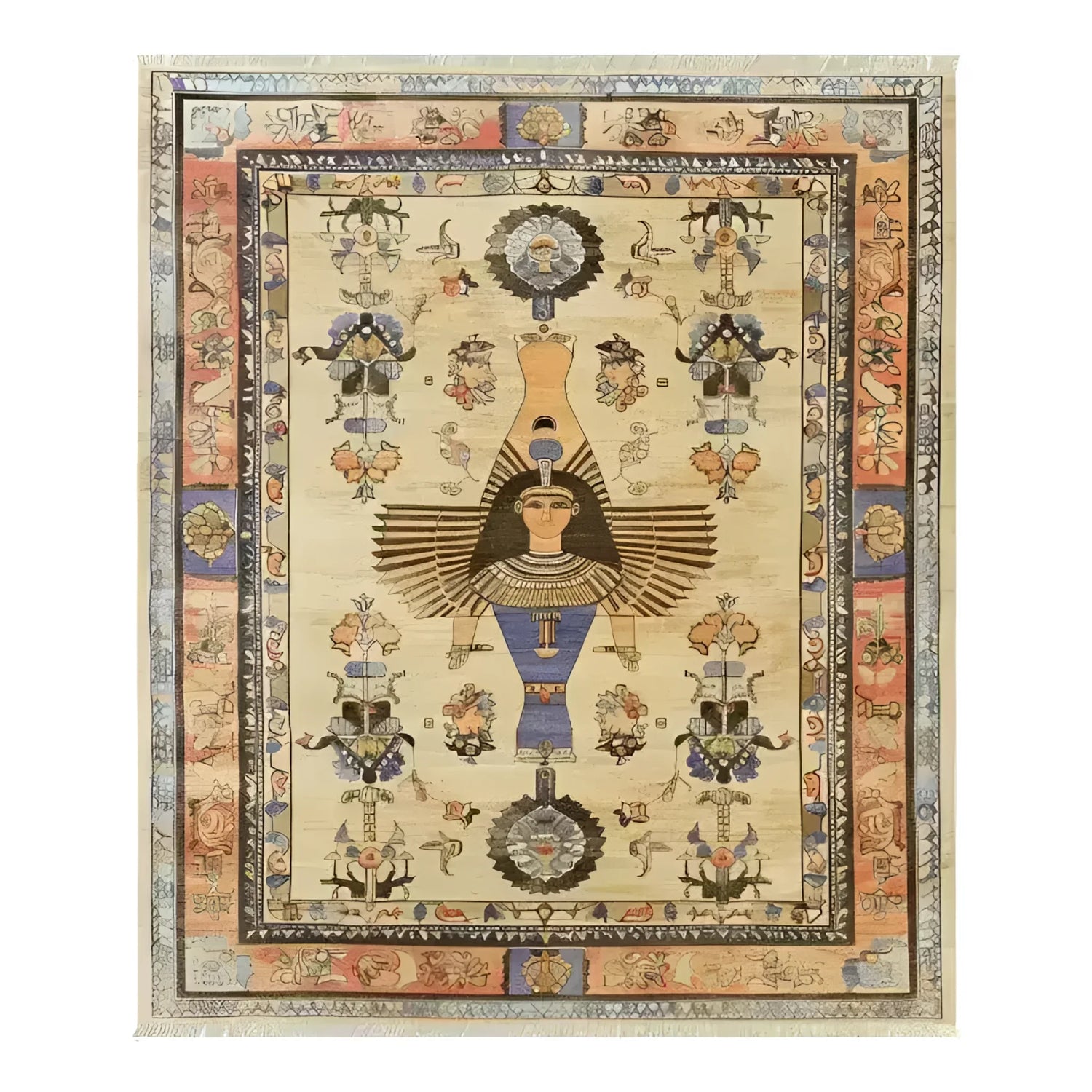 This hand-knotted area rug features intricate Egyptian mythology designs, showcasing a central figure with traditional motifs and vibrant colors, framed by a detailed border.