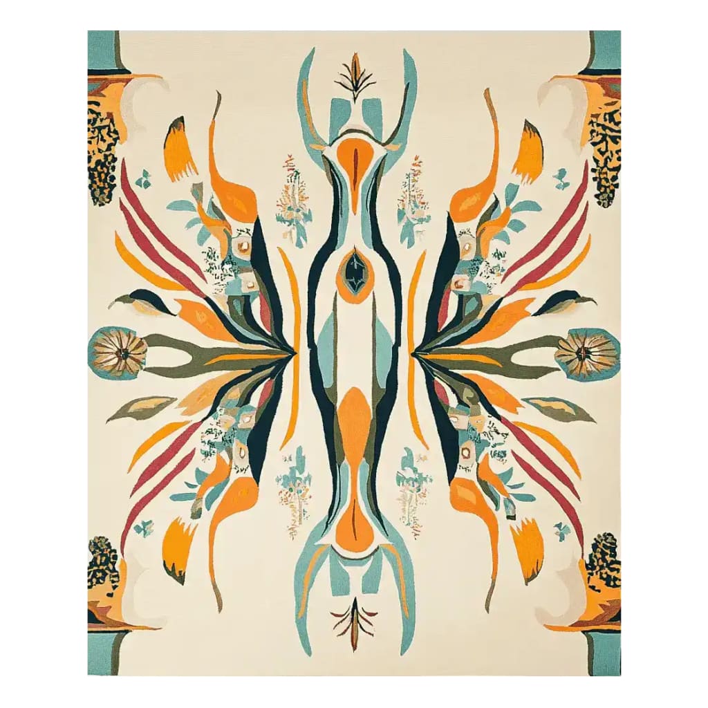 Vibrant area rug featuring an electric abstract pulse design with symmetrical patterns in orange, teal, and yellow hues on a neutral background, creating a modern and artistic look.
