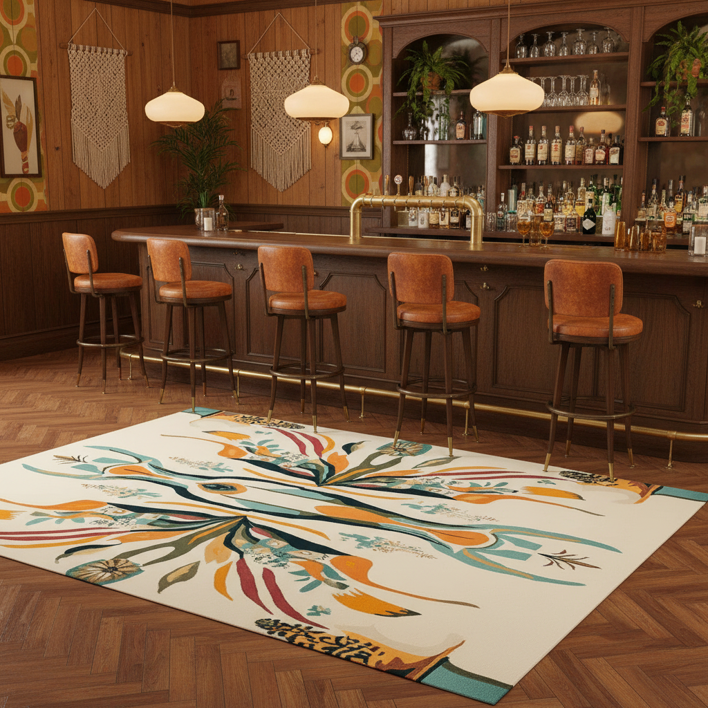 Bar area with wooden counter, stools, and a colorful rug on a wooden floor.