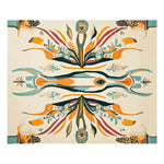 Vibrant Electric Abstract Pulse hand-tufted area rug featuring a symmetrical design with bold orange, teal, and mustard hues, creating an artistic centerpiece for any room.