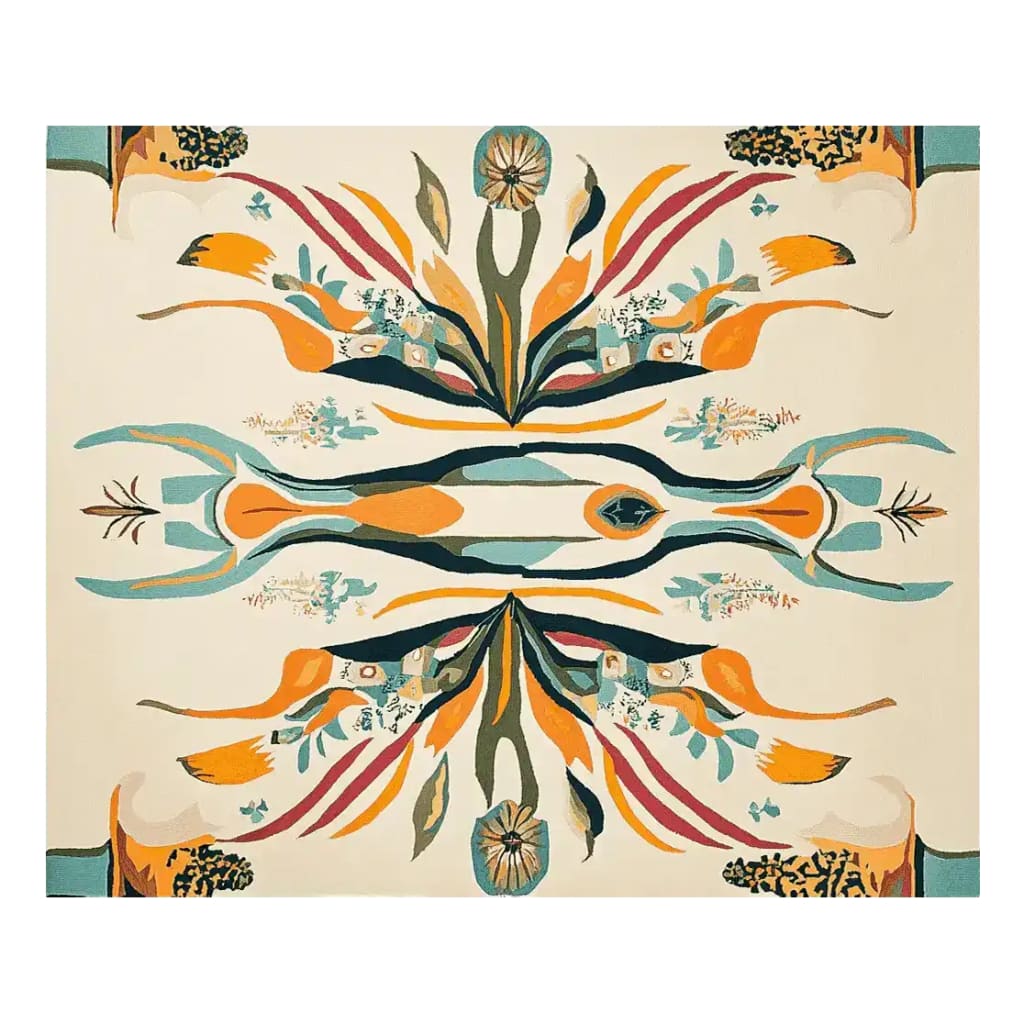 Vibrant Electric Abstract Pulse hand-tufted area rug featuring a symmetrical design with bold orange, teal, and mustard hues, creating an artistic centerpiece for any room.